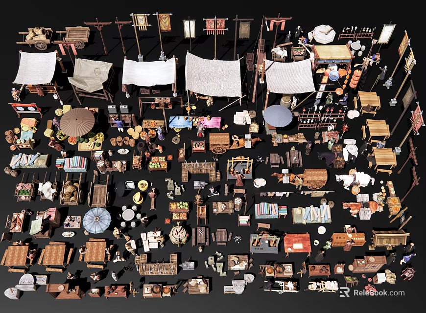 Numerous Colorful Market Stalls Display Various Goods and Vendor Supplies Outdoors 3d model 