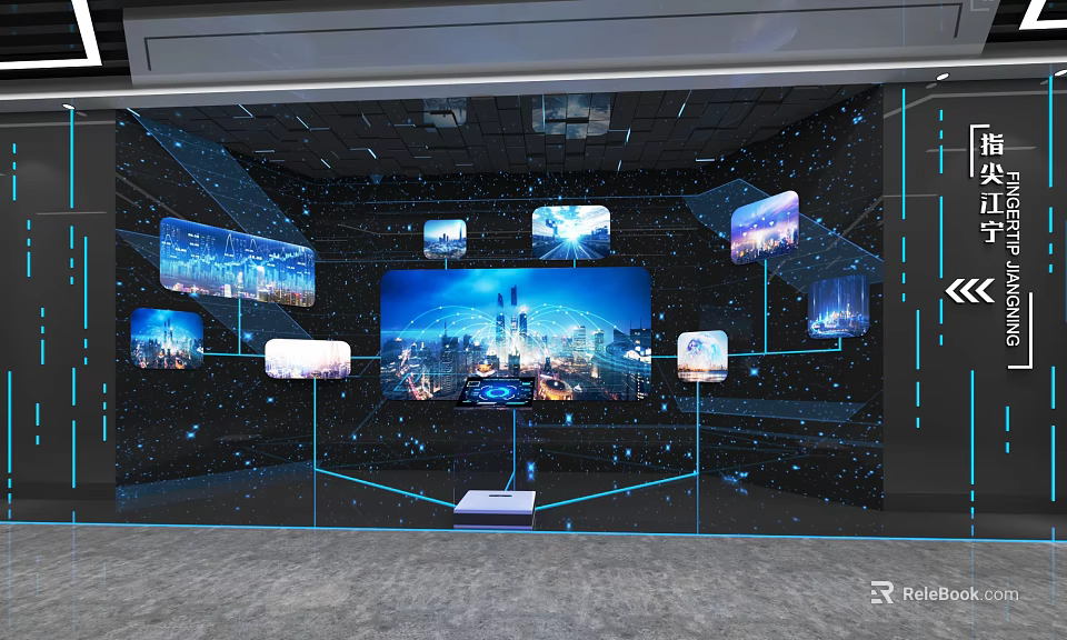 Tech Exhibition Space With Multiple Screens Showing Cityscape And Digital Visuals 3d model 
