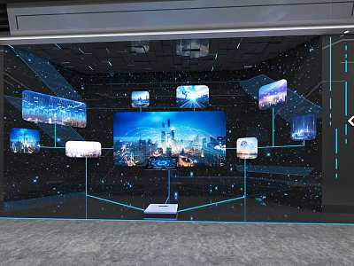 Tech Exhibition Space With Multiple Screens Showing Cityscape And Digital Visuals 3d model