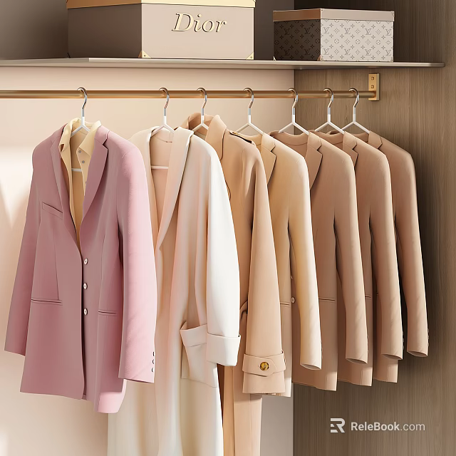 Pastel Colored Blazers Hanging on Hangers in Wardrobe with Soft Tones 3d model 