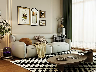 Modern Living Room Interior With Light Gray Sofa Checkered Rug And Decorative Paintings 3d model
