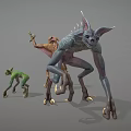 Three Fantasy Creature Characters With Scaled Skin Spiked Back And Clawed Limbs 3d model