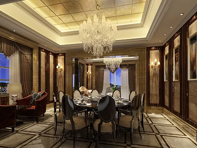 Luxury Classical Living Room Interior With Grand Crystal Chandelier Elegant Dining Set And Marble Flooring 3d model