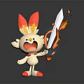 Cute White Rabbit Character With Red Ears Open Mouth Holding Flaming Sword And Fire Effects