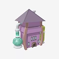 Cartoon House Scene With Purple Roof Purple Walls Green Flask And Yellow Pipes