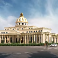 European Style Architectural Building With Golden Dome White Facade Columns And Plaza Greenery