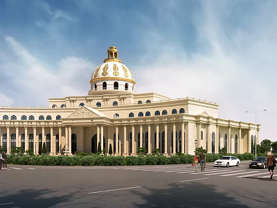 European Style Architectural Building With Golden Dome White Facade Columns And Plaza Greenery 3d model