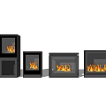 Multiple Black Fireplaces With Burning Flames In Various Modern Interior Designs 3d model