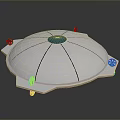 Circular White Structure With Blue Center Black Dividing Lines And Bottom Brackets On Dark Background