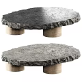 Natural Round Stone Coffee Table With Rustic Wooden Legs Design
