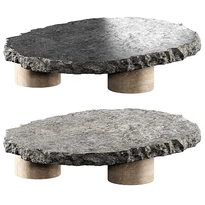 Natural Round Stone Coffee Table With Rustic Wooden Legs Design 3d model