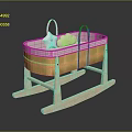 Baby Cradle With Wooden Base Yellow Pink Woven Body And Small Pillow Handles