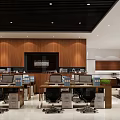 Modern Public Office Space With Wooden Panels Desks Chairs Green Plants And Large Screen