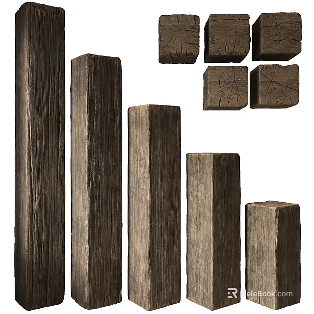 Rustic Wooden Columns With Different Sizes And Square Textured Design Details 3d model 