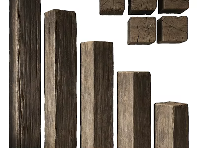 Rustic Wooden Columns With Different Sizes And Square Textured Design Details 3d model