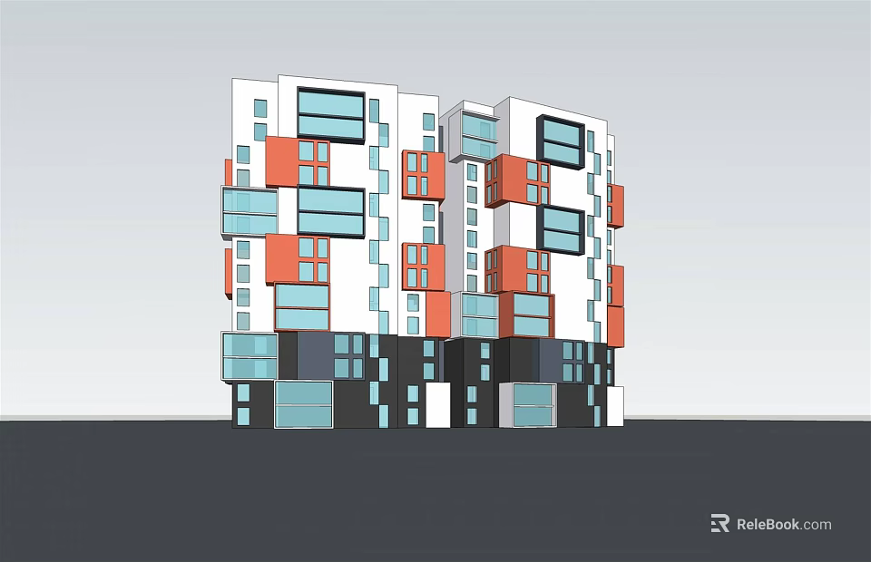 Modern Architectural Design Of Multi Story Building With Geometric Colorful Blocks And Rectangular Windows 3d model 