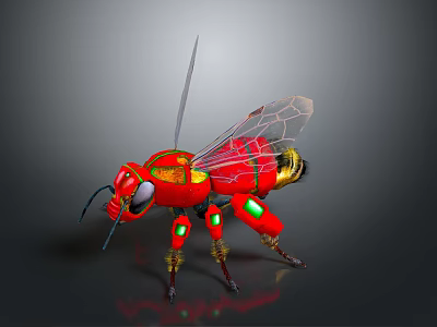 Red Mechanical Bee Figurine With Transparent Wings Metallic Legs Green Lights And Golden Accents 3d model