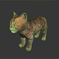 3D Cartoon Cat Model With Striped Fur Ears Open Mouth Standing On Shiny Surface