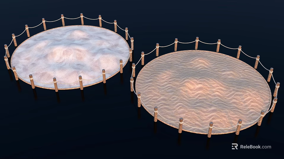Two Circular Platforms With Wooden Fences And Wavy Textured Surfaces On Dark Background 3d model 