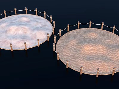 Two Circular Platforms With Wooden Fences And Wavy Textured Surfaces On Dark Background 3d model