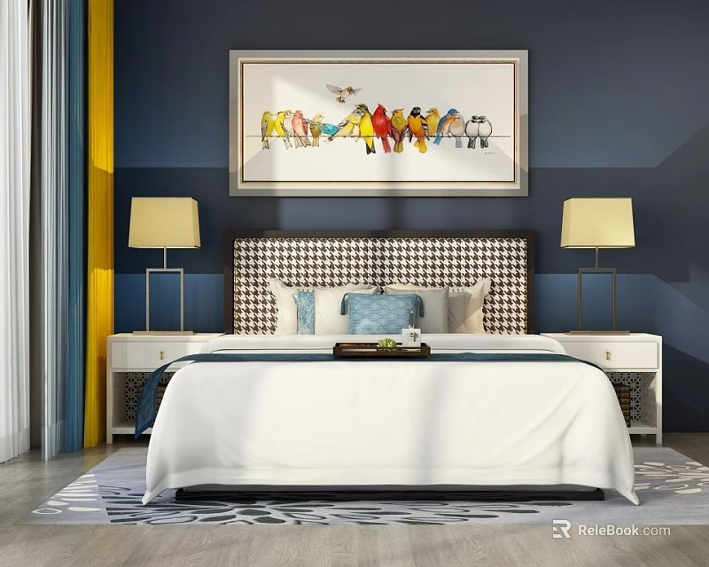 Background Double Bed with Checkerboard Headboard and Decorative Pillows in Navy Blue Bedroom 3d model 