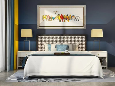 Background Double Bed with Checkerboard Headboard and Decorative Pillows in Navy Blue Bedroom 3d model