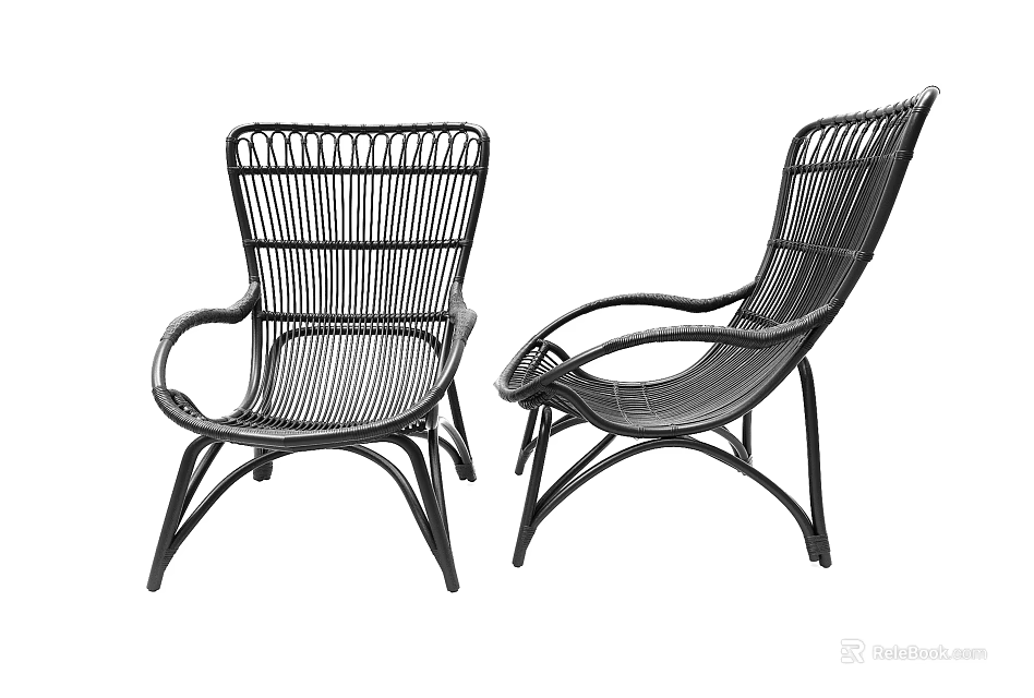 Set Of Two Black Wicker Leisure Chairs With Curved Armrests And Classic Design 3d model 
