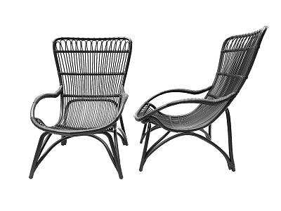 Set Of Two Black Wicker Leisure Chairs With Curved Armrests And Classic Design 3d model