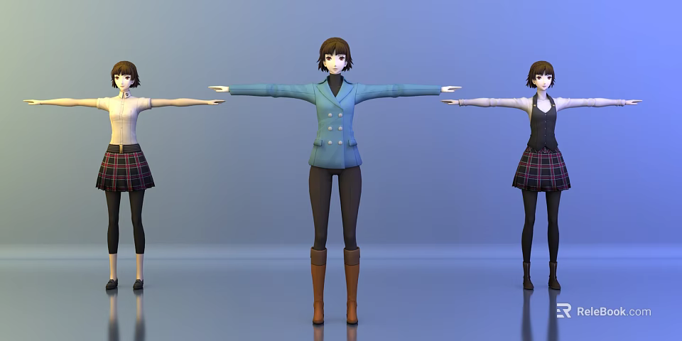 Three Women Characters In Blue Coat Brown Boots Plaid Skirts Arms Outstretched Blue Gradient Background 3d model 