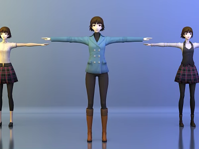 Three Women Characters In Blue Coat Brown Boots Plaid Skirts Arms Outstretched Blue Gradient Background 3d model