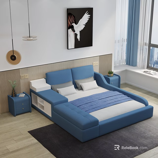 Modern Blue Double Bed With Bedside Tables Decorative Painting And Green Plant 3d model 