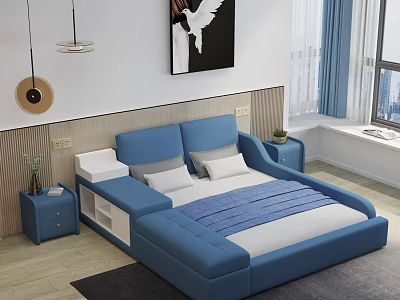 Modern Blue Double Bed With Bedside Tables Decorative Painting And Green Plant 3d model