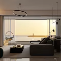 Modern Living and Dining Room Interior With Sea View Sofa Coffee Table And Hanging Chair