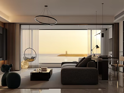 Modern Living and Dining Room Interior With Sea View Sofa Coffee Table And Hanging Chair 3d model