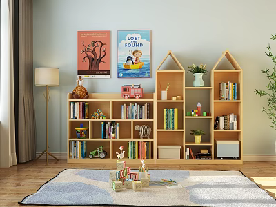Wooden Bookshelf in Kids Room With Children's Books Toys Decorations Wall Art on Soft Rug 3d model