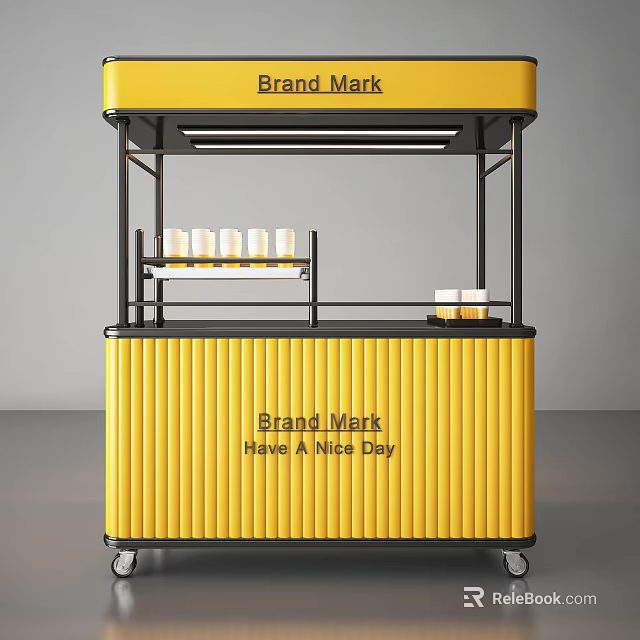 Yellow Mobile Kiosk With Brand Mark Sign Cup Display And Cabinet 3d model 