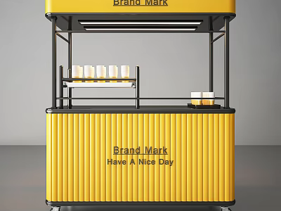 Yellow Mobile Kiosk With Brand Mark Sign Cup Display And Cabinet 3d model
