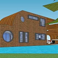 Wooden Exterior Detached Villa With Waterfront Terrace Boat Car And Green Plants
