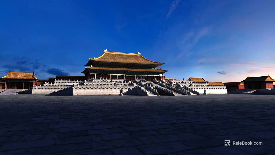 Ancient Architecture With Golden Roof Multi tiered Structure White Platform Stone Stairs Under Blue Sky 3d model 