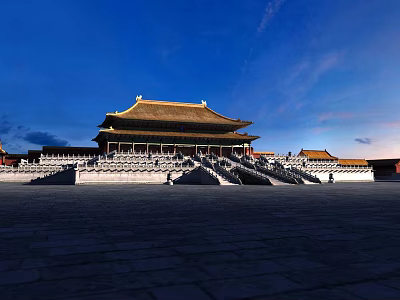 Ancient Architecture With Golden Roof Multi tiered Structure White Platform Stone Stairs Under Blue Sky 3d model