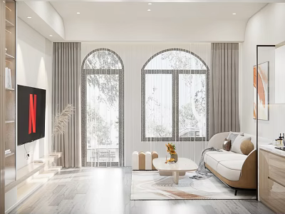 Modern Living Room Interior With Arched Windows Sofa TV Rug And Decorative Plants 3d model