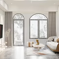 Modern Living Room Interior With Arched Windows Sofa TV Rug And Decorative Plants