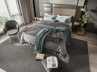 Modern Double Bed With Upholstered Headboard Gray Bedding Teal Pillows Accent Chair And Soft Rug 3d model