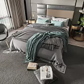 Modern Double Bed With Upholstered Headboard Gray Bedding Teal Pillows Accent Chair And Soft Rug