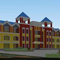 Colorful School Building With Blue Roof Red Walls Yellow Facade Windows And Green Lawn