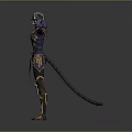 Fantasy Game and Movie Character in Purple Black Armor Outfit with Gold Accents and Mask