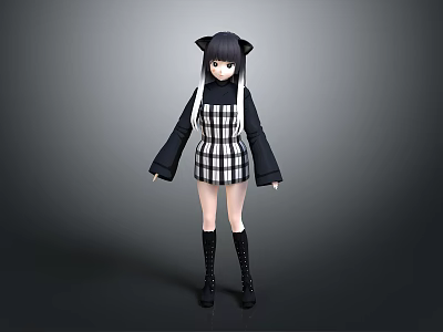Game and Movie Character With Cat Ears Long Black Hair Plaid Dress And Black Boots 3d model