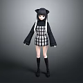 Game and Movie Character With Cat Ears Long Black Hair Plaid Dress And Black Boots