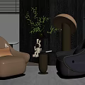 Modern Brown Black Armchairs With Small Table Green Plant Decorative Figure By Dark Wall Window