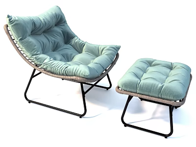 Light Blue Green Padded Chaise Lounge with Matching Footstool and Black Metal Frame 3d model